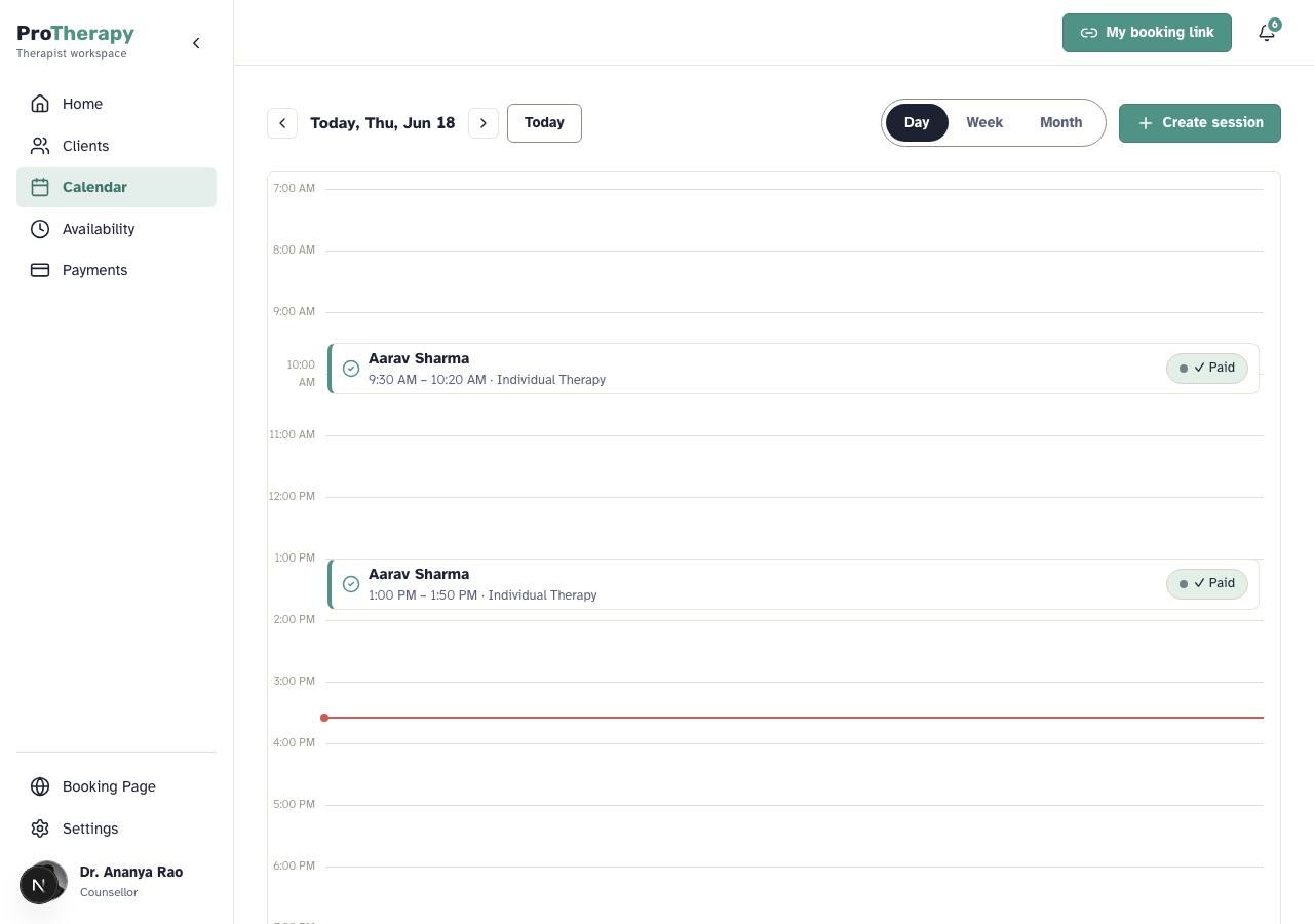 Therapist calendar and availability screen