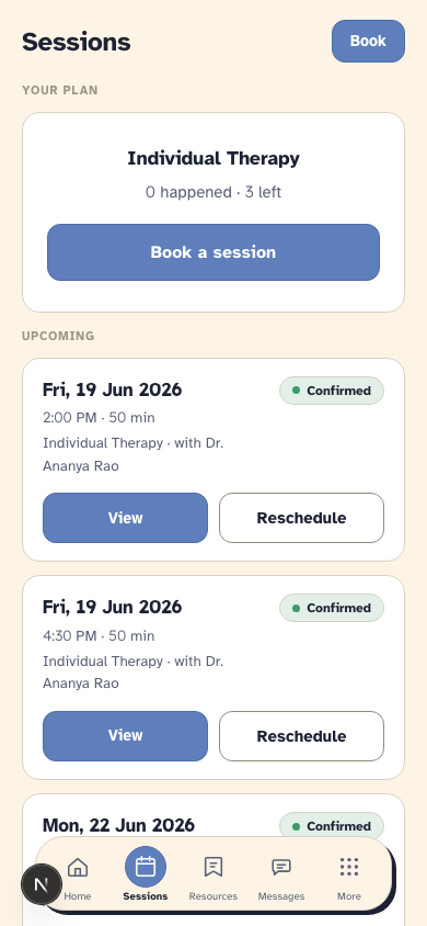 Client sessions list on a phone